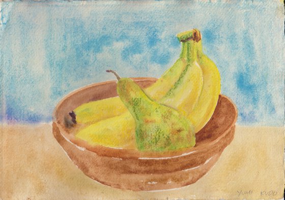 Still life with bananas and a pear
