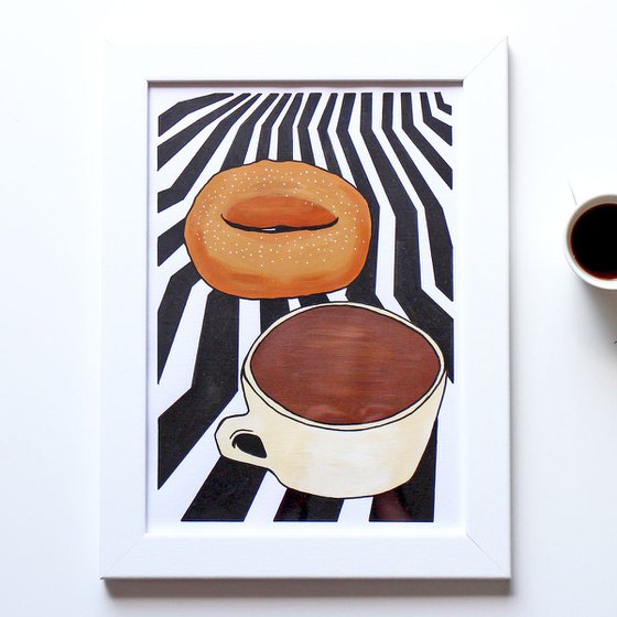 Donut And Coffee Twin Peaks Style - Pop Art Painting On Unframed A4 Paper