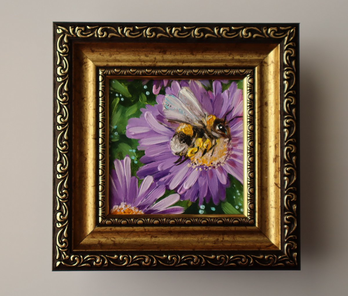 Bee artwork framed oil painting original 4x4, Mini Bee & Flowers painting, Honey bee wall... by Natalia Shaykina