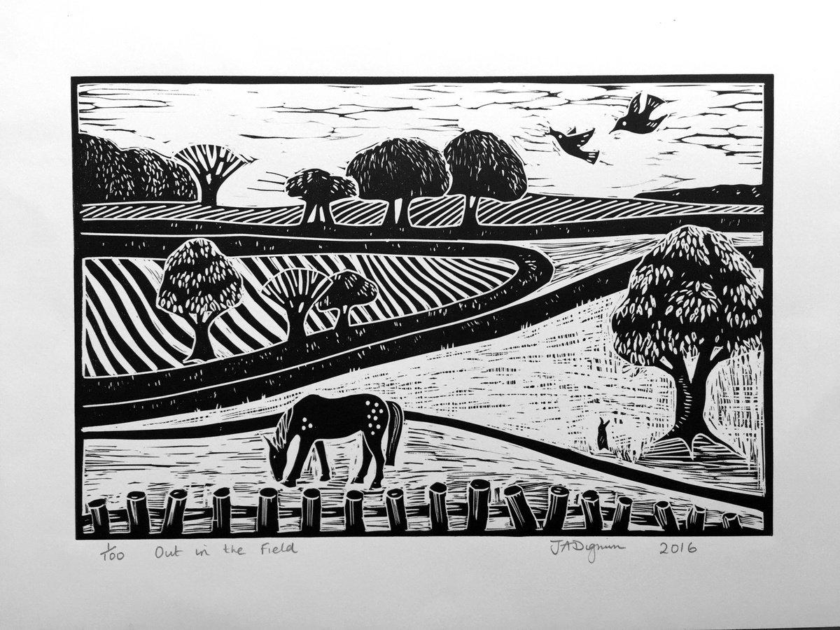 Limited edition handmade Linocut. Out in the Field. by Jane Dignum