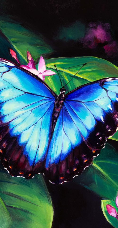 Blue butterfly and pink flowers by Lucia Verdejo