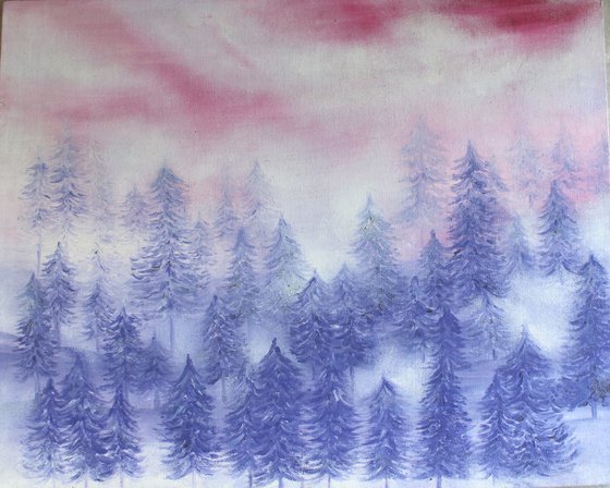 Pink Misty Pine Forest Trees