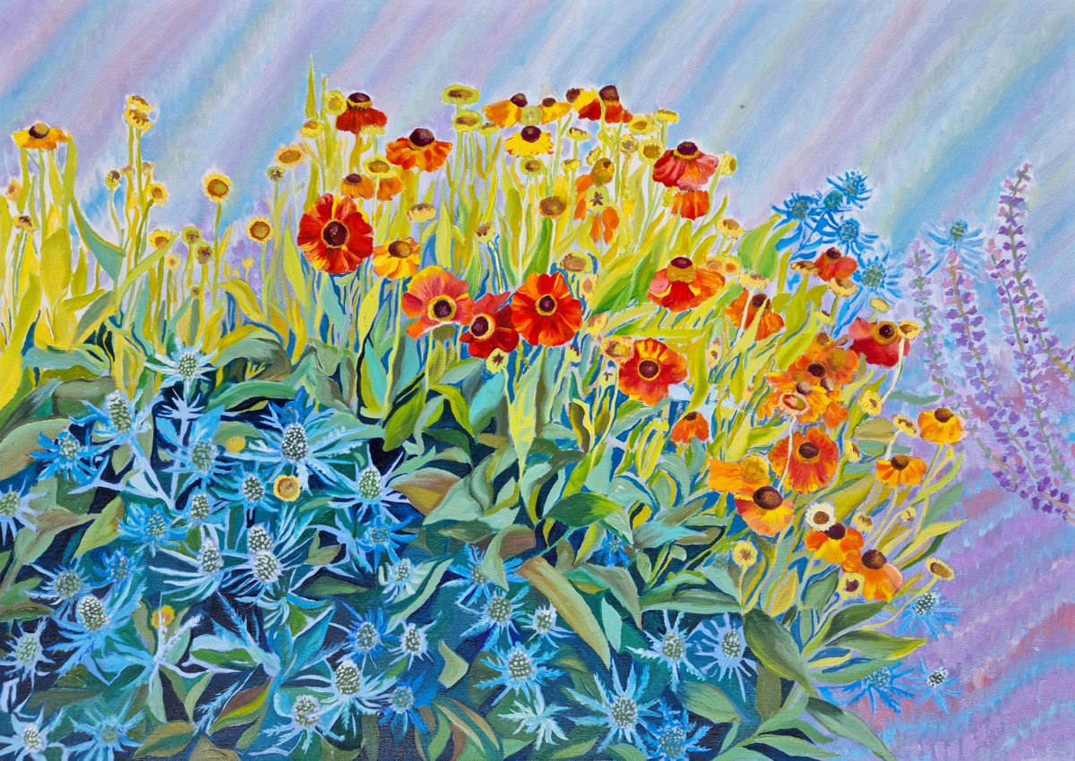 Impressionistic Botanical Oil Painting By Zulfiya Mukhamadeyeva, 28 X 20", Rainbow Flowers, Original Artwork