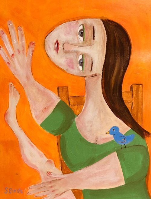 Quirky Figurative Artwork - With a Stretch, it's incredible what one can do. Woman bird by Sharyn Bursic