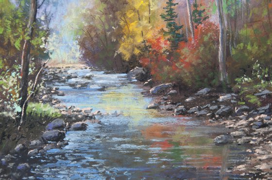 Fall Forest Painting Original Art Autumn Landscape Forest Stream Pastel Drawing