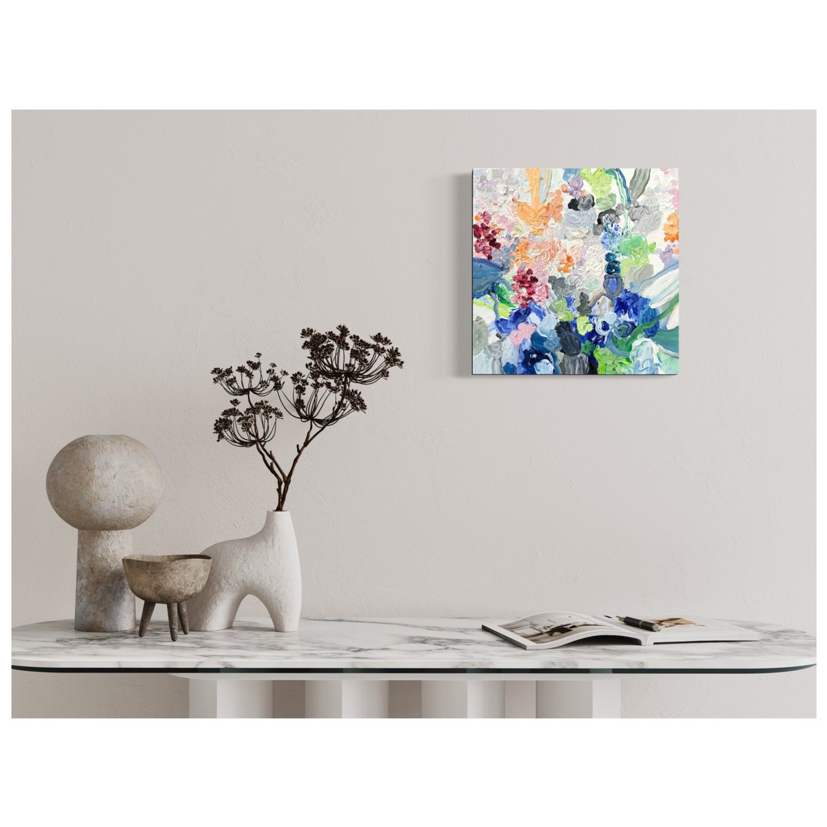 Abstract Botanical Oil Painting By Maria Esmar, 12 X 12", A Small Reminder Of Home, Original Artwork