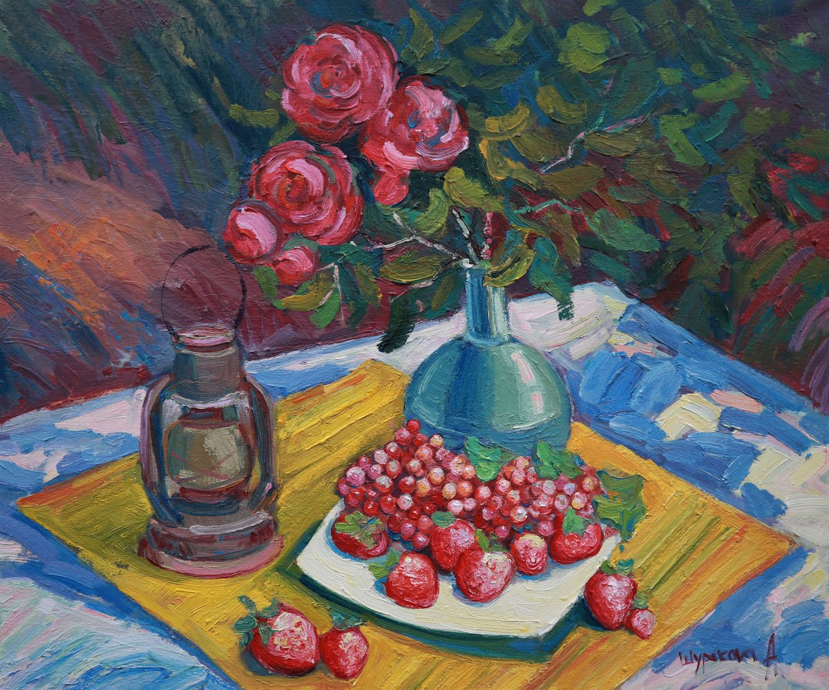 Still life with roses and strawberries by Anna Shurakova