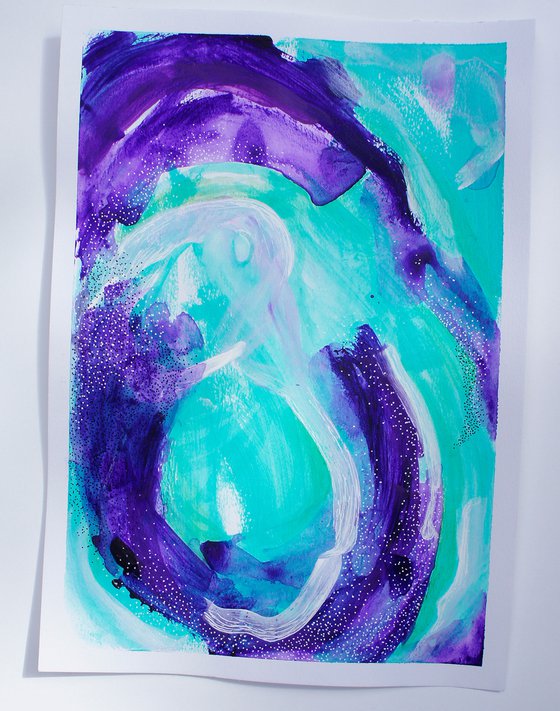 Aqua and Purple 2 - abstract painting on A4 paper