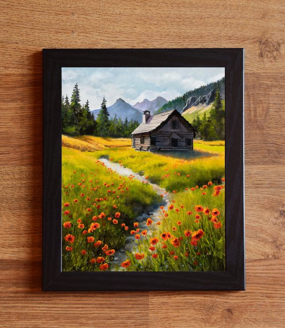 Mountain cabin scene with poppies