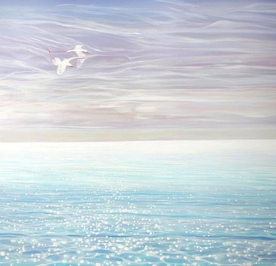 White Birds Blue Sea - large seascape oil painting