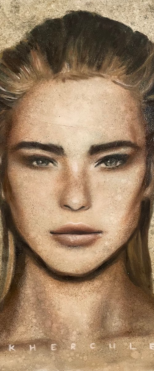 Odette female fierce strong power woman slick hair thick eyebrows neutral green large painting oil on canvas by Renske Karlien Hercules