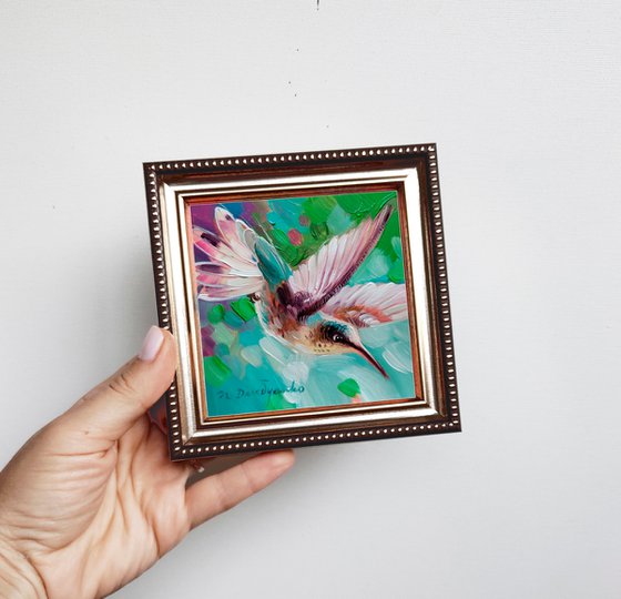 Hummingbird painting original oil art framed 4x4, White hummingbird blue green painting minimalist, Mothers day gift