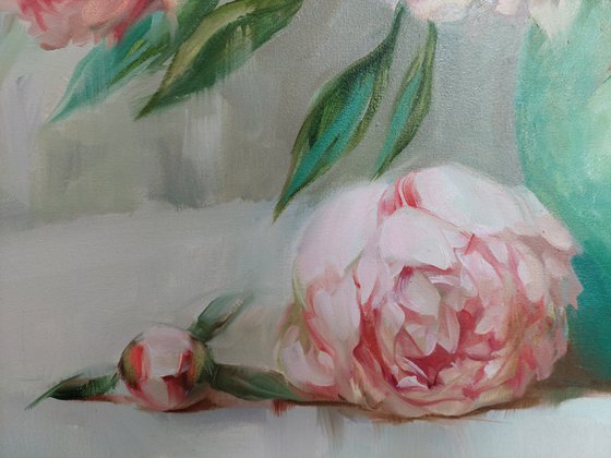 Large floral oil painting original of peony flowers in vase