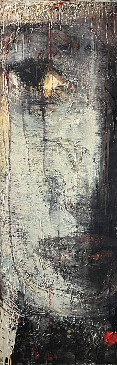 Expressive Portrait Acrylic Painting By Eduard Belsky, 20 X 59, Mystical Portrait, Original Artwork