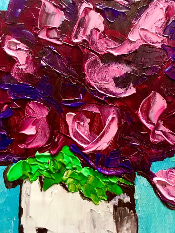 ABSTRACT BOUQUET OF Burgundy Roses  #16 ( NAIVE COLLECTION)  palette  knife Original Acrylic painting office home decor gift