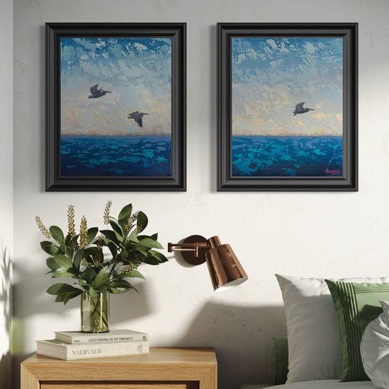 “SEASCAPE #16 WITH PELICANS”