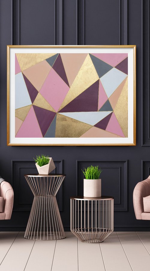 Large Geometric Modern Painting with Gold Leaf Contemporary Artwork Pink Beige Gray Golden Painting by JuliaP Art