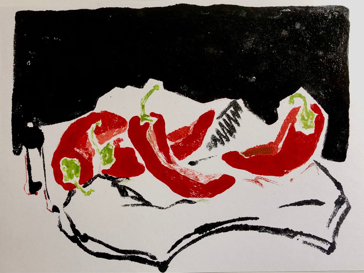 Red peppers. Monotype. by Maria Zaytseva