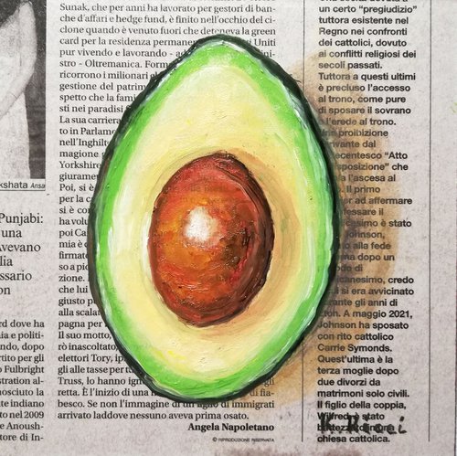 "Avocado on Newspaper" Original Oil on Wooden Board Painting 6 by 6 inches (15x15 cm) by Katia Ricci