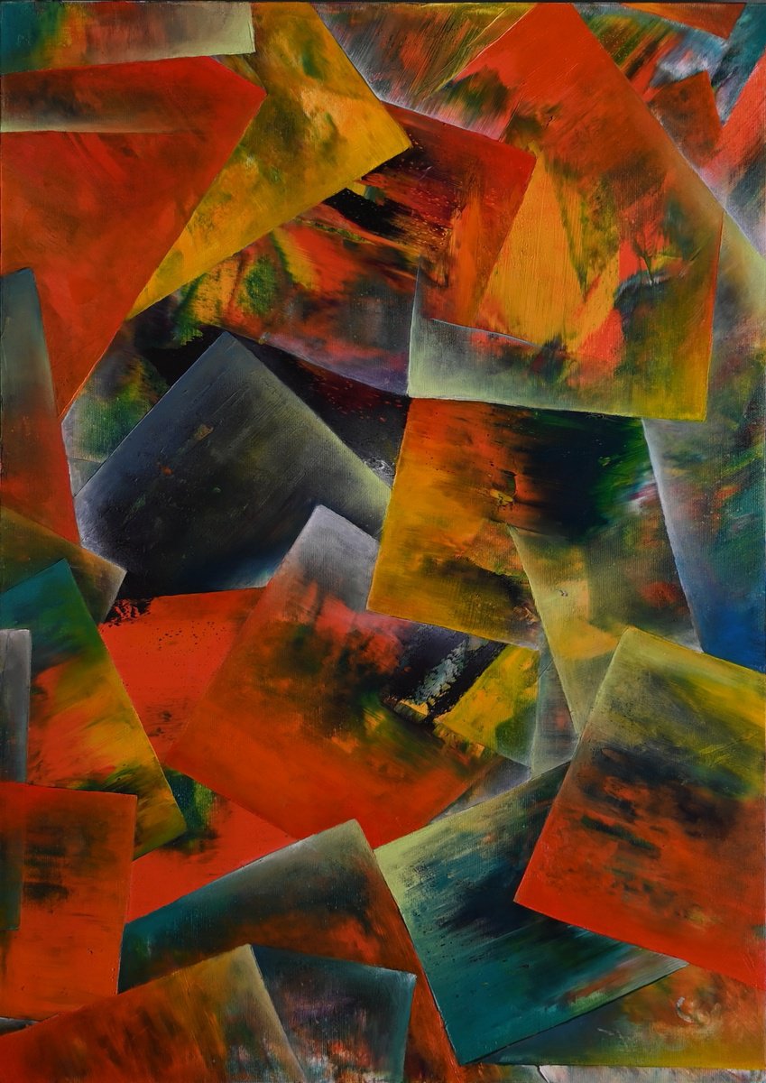 Geometric Abstract Oil Painting By Giuseppe Pastore, 20 X 28, Unforgiven, Original Artwork