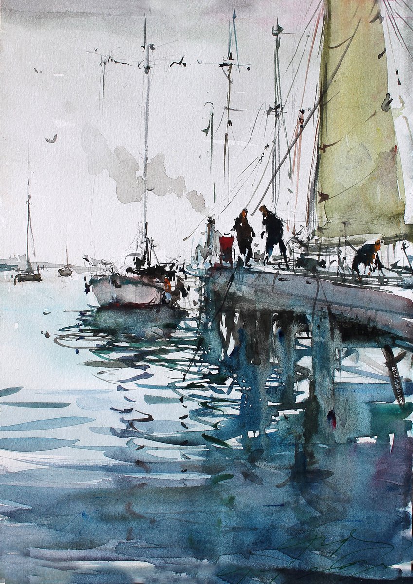 Impressionistic Landscape Watercolour By Maximo Damico, 3 X 4", Sailboat Port, Original Artwork