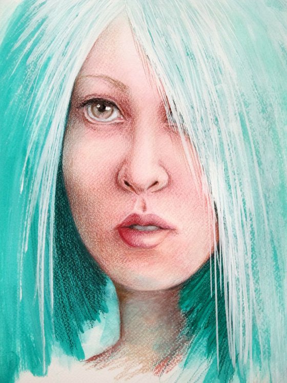 "The other girl with turquoise hair" - mixed media - portrait - illustration - manga - drawing - paper - 24X32 cm