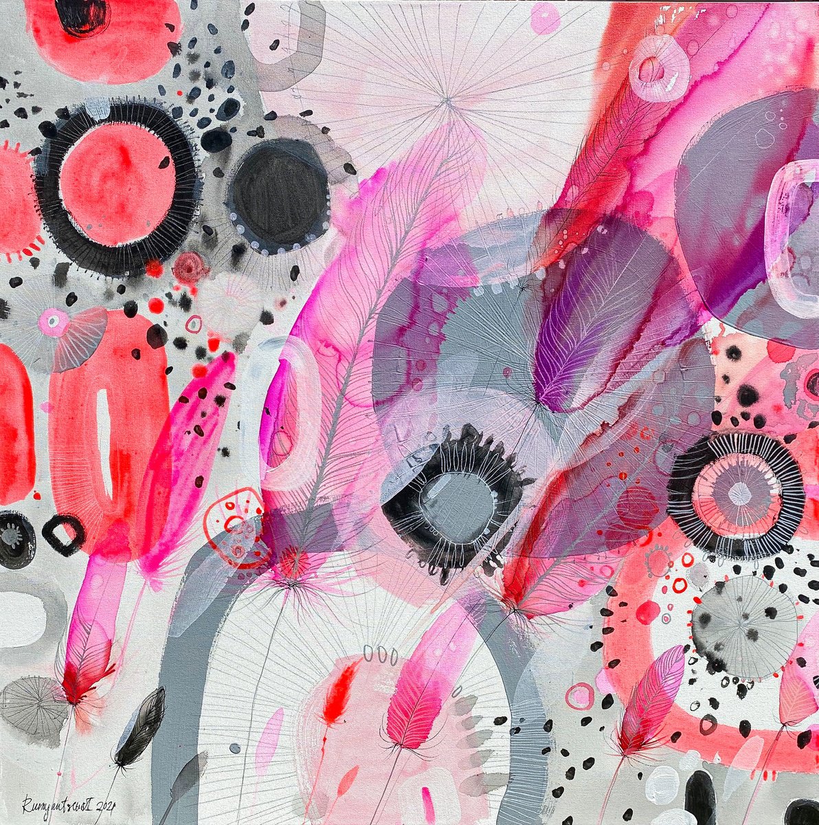 Abstract Acrylic Painting By Irina Rumyantseva, 39 X 39, Pink Abstract, Original Artwork