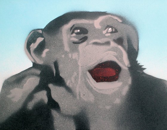 Laboratory chimp sees the sky for the first time. (on paper)