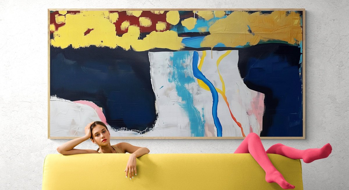 Abstract Acrylic Painting By V+V Kniazievi, 59 X 30", Golden Artery #3, Original Artwork