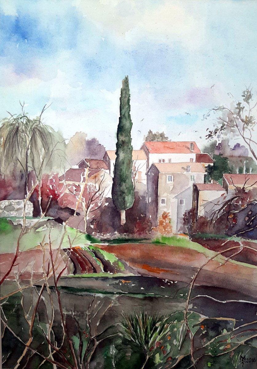 Impressionistic Landscape Watercolour By Zoran Mihajlovic Muza, 10 X 15", Mediterranean Motif, Original Artwork
