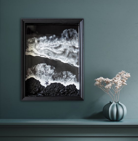 Black and white voluminous beach - original resin seascape artwork, 3d and framed