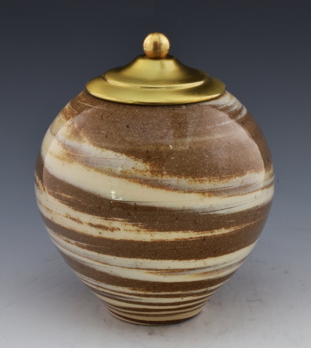 Neriage ceramic vessel colored porcelain with brass and cork seal. N13 by Ron Mello