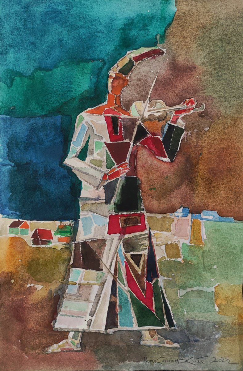 Geometric Portrait Watercolour By Pavlo Makedonskyi, 8 X 12", Violinist, Original Artwork