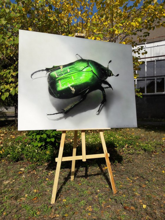 Green beetle art, insect painting, green glowing beetle, hyperrealism, realistic painting