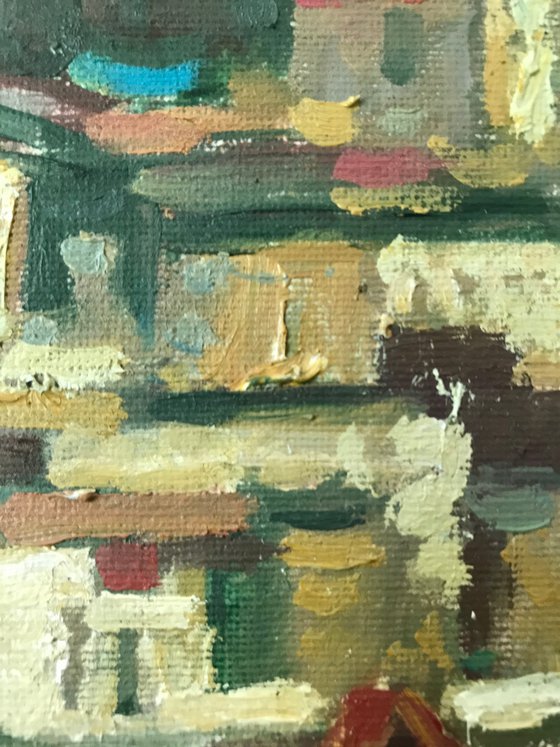 Original Oil Painting Wall Art Artwork Signed Hand Made Jixiang Dong Canvas 25cm × 30cm Scarborough Market small building Impressionism