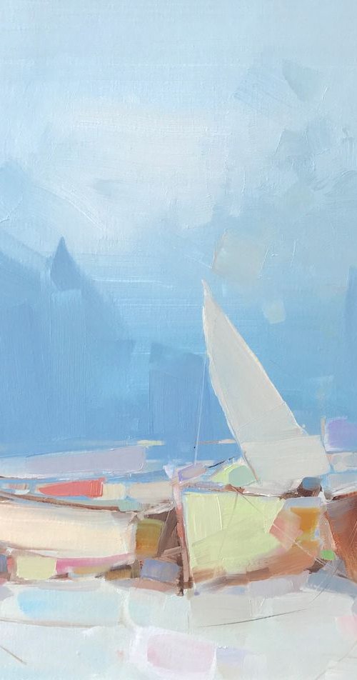 Boats on the Shore, Original oil painting, Handmade artwork, One of a kind by Vahe Yeremyan