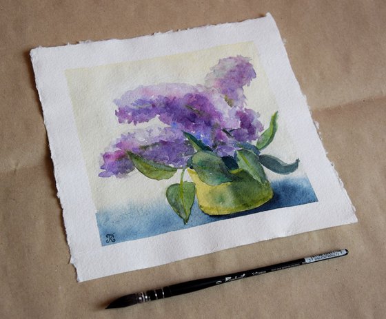 Lilac flowers original watercolor painting on craft paper, Botanical still life, romantic postcard