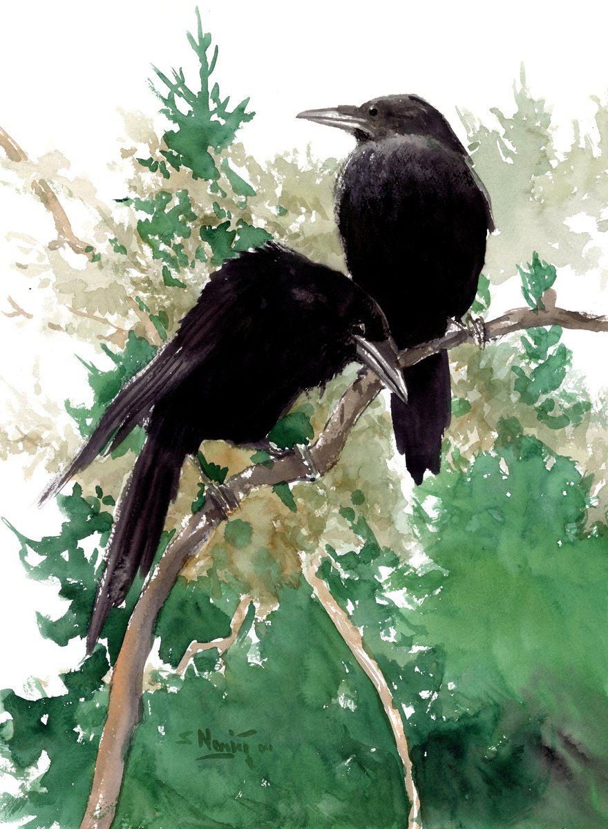 Suren Nersisyan | Original  Watercolour | Two Crows In The Pine Forest | 30 X 41Cm | Artwork For Sale On Artfinder