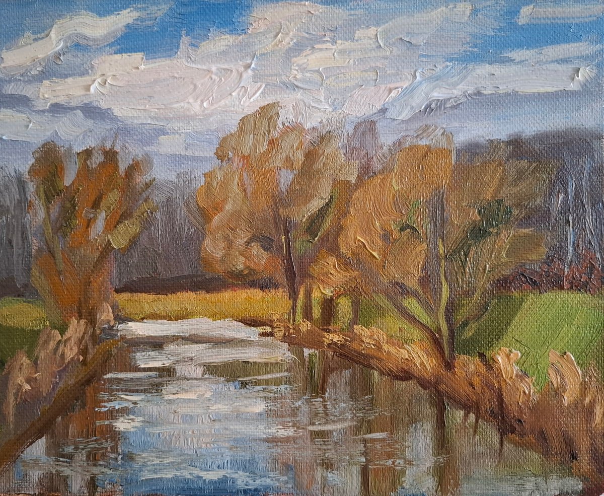Impressionistic Landscape Oil Painting By Olena Kolotova, 10 X 8", Landscape "Sunny River", Original Artwork