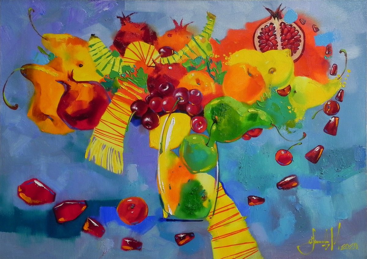 Surrealistic Still Life Oil Painting By Mykhailo Novikov, 28 X 20", *Fruit Bouquet*, Original Artwork