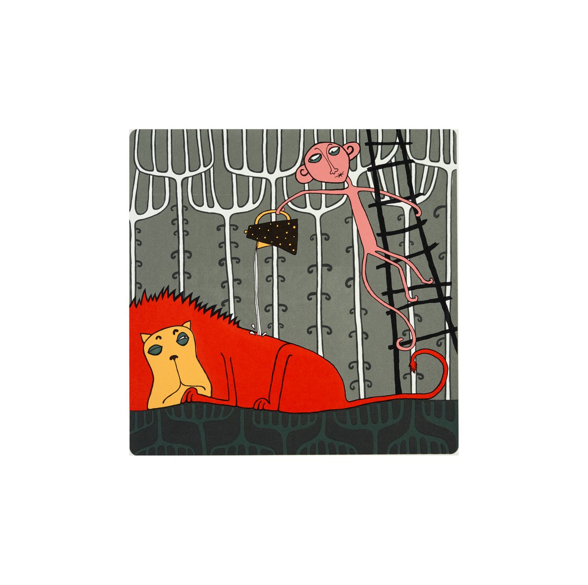 Illustrative Animal Screenprint By Katya Timoshenko, 20 X 20", Lion And Monkey, Original Artwork