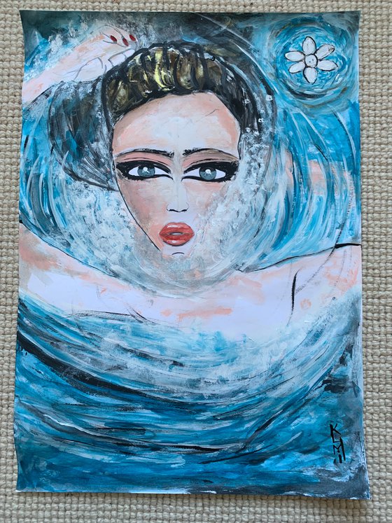 Face Underwater Painting in Acrylic on Canvas Hyperrealism Ocean Paintings Swimming in Water