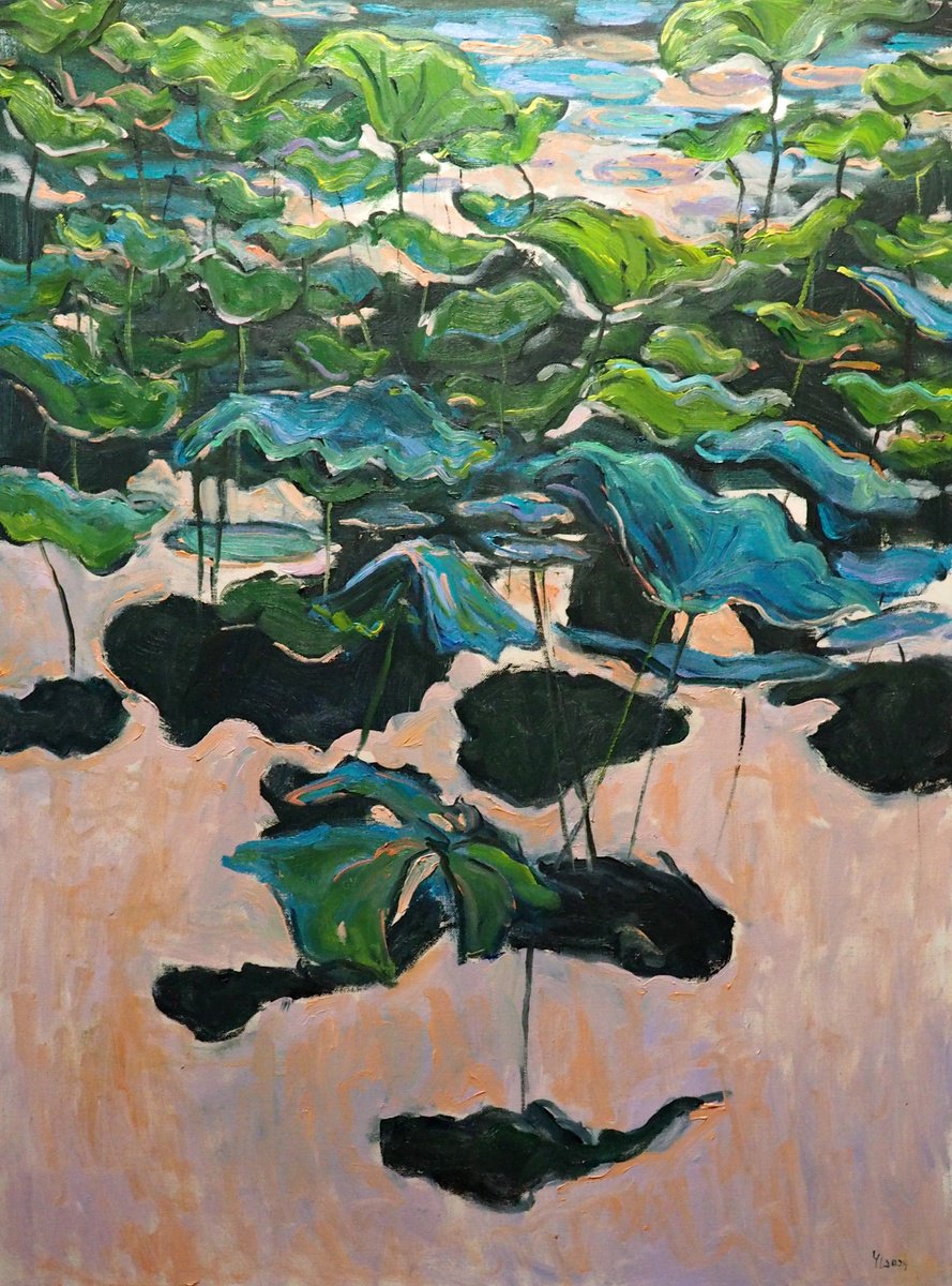 Impressionistic Landscape Oil Painting By Yuanyuan Liu, 24 X 31", Lotus Leaves, Original Artwork