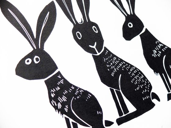 Three Hares - lino cut print