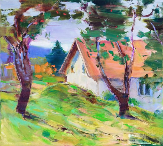 House in the apple garden  Mountains  Original oil painting