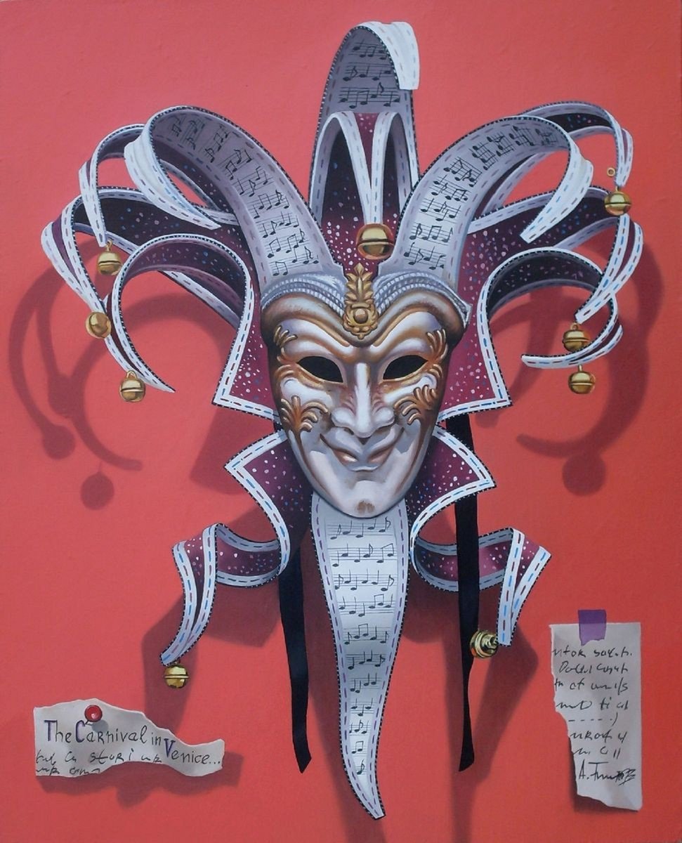 Photorealistic Still Life Oil Painting By Alexander Titorenkov, 16 X 20, Venetian Mask, Original Artwork