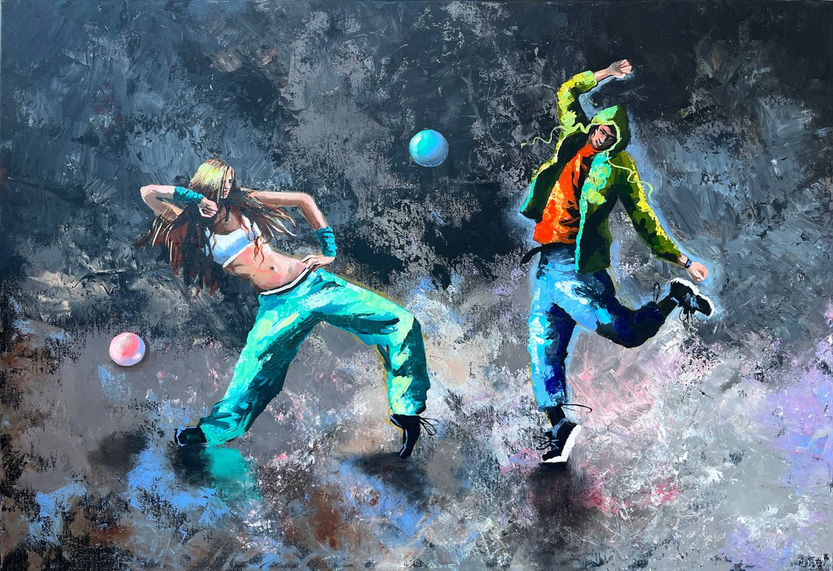 Expressive Portrait Acrylic Painting By Maria Kireev, 39 X 28", Twilight Dance, Original Artwork