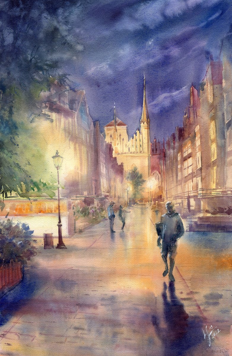 Impressionistic Cityscapes Watercolour By Svitlana Lagutina, 15 X 22", Mariacka Street In GdaS?sk, Original Artwork