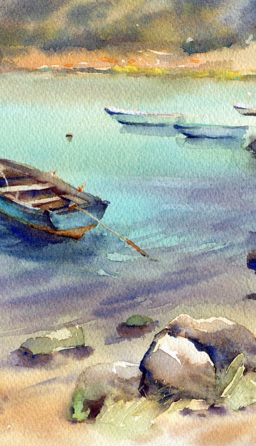 Boat by the sea in Montenegro, Watercolor turquoise seascape by Yulia Evsyukova