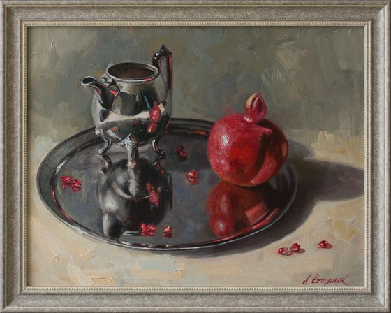 "Reflections" still life pomegranate metal silver white liGHt original painting  GIFT (2019)